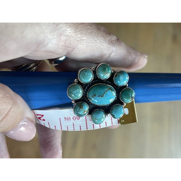 BIG Turquoise Cluster Statement Southwestern Sterling Silver Ring Adjusts 7 8 9 - Picture 5 of 7